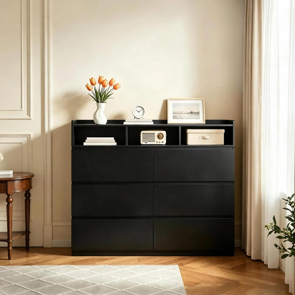 Cassettiera 4 livelli con 6 cassetti e 3 vani aperti 120x40x100 cm nera