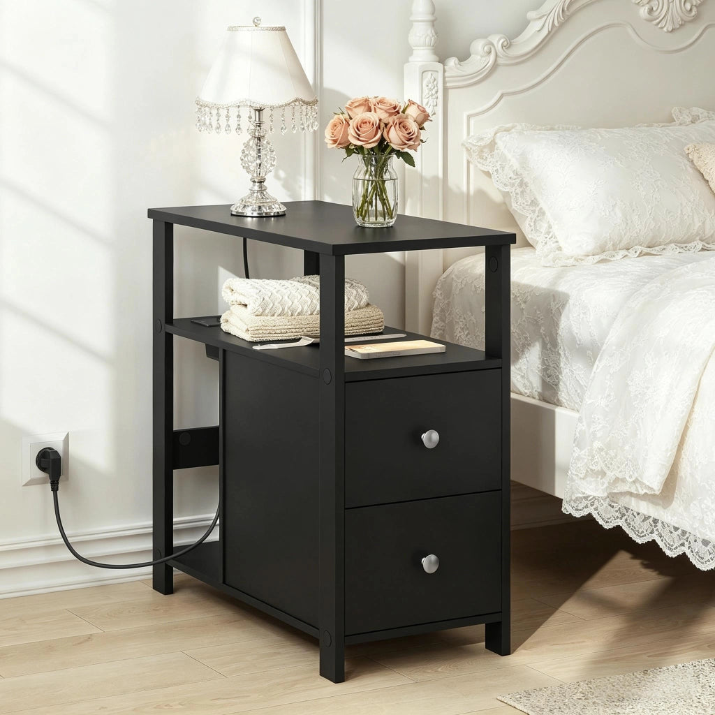 Tavolino da salotto con 2 cassetti; 2 ripiani aperti e prese USB e AC; per soggiorno e camera; 60×60×30 cm