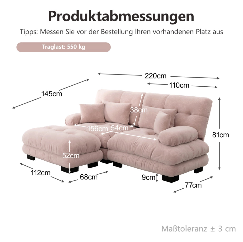 Divano modulare angolare in chenille rosa 220x145x81 cm con pouf