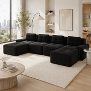 Divano modulare 4 posti con chaise longue a U 382x177x69 cm in velluto a coste nero
