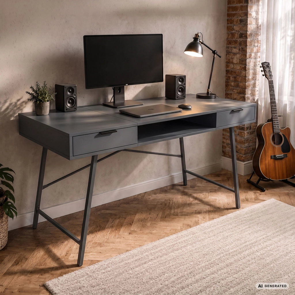 Scrivania industriale per computer Grafite ARDEN 120 cm 2 cassetti 1 ripiano gambe nere