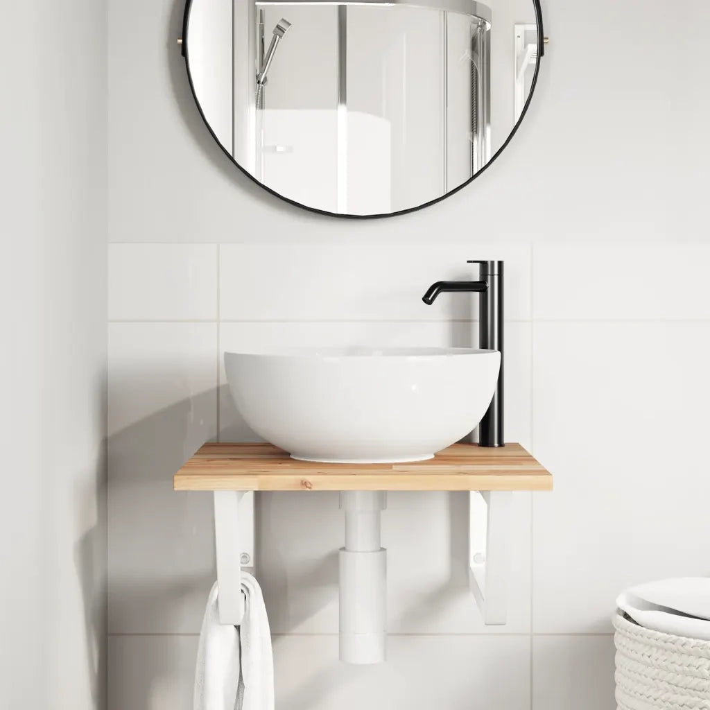 Ripiano a Parete per Lavabo-Mensole a Muro in Acciaio e Massello di Acacia 563774