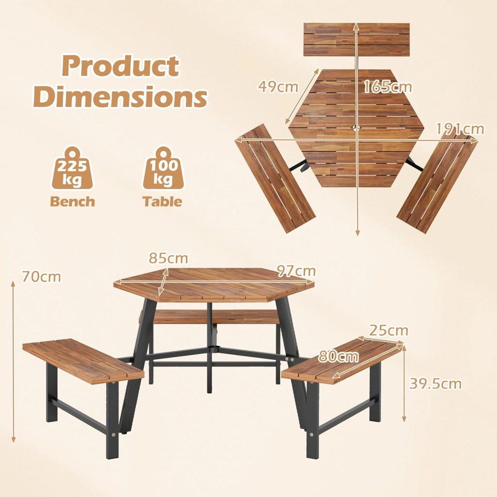 Set di mobili per 6 persone, set da picnic in legno di acacia con foro per ombrellone, set da tavolo e 3 panche per giardino, terrazza, 191 x 165 x 70 cm