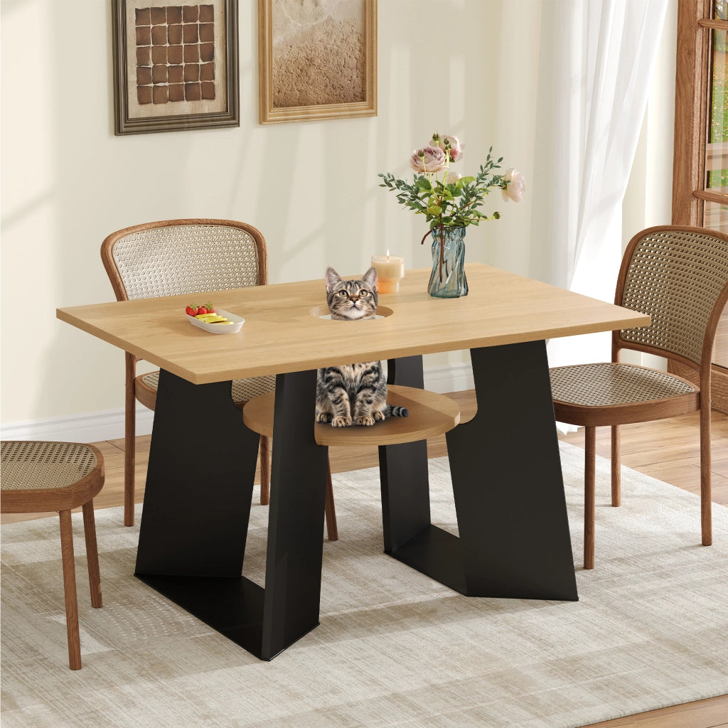 Tavolo da pranzo con area per gatti e ripiano inferiore, piano apribile, per cucina e sala da pranzo, nero e naturale, 130 × 85 × 75 cm