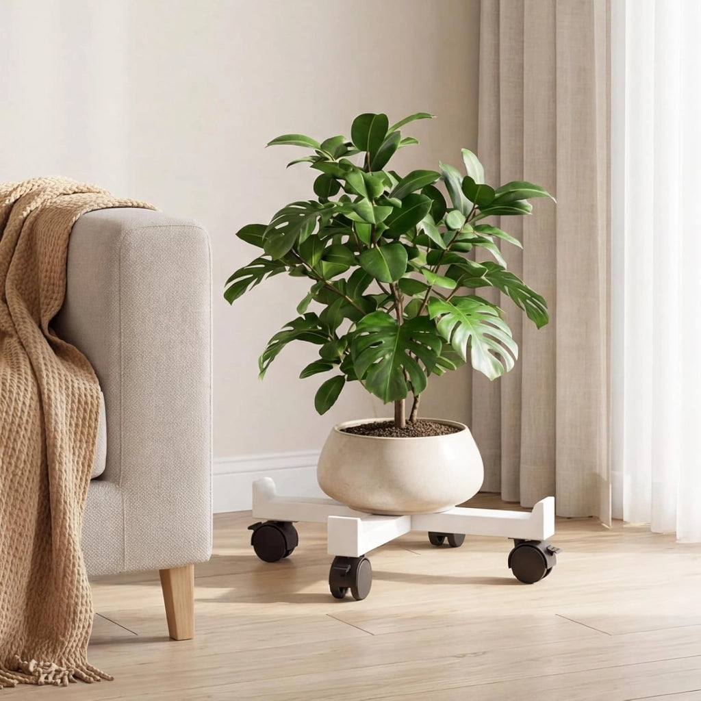 Set di 4 Sgabelli Impilabili 4 in 1, Sgabelli in Legno con Portavaso con Rotelle, 2 Grandi Ø36 cm e 2 Piccoli Ø35 cm, Tavolino Laterale Rotondo per Soggiorno e Camera da Letto (Bianco)