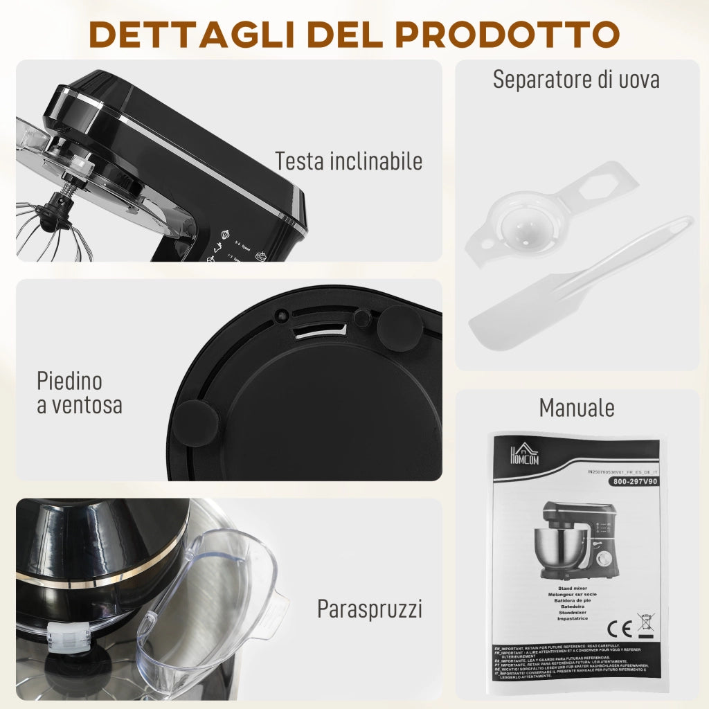 Impastatrice Planetaria 1400W ¨C Zephmum ¨C Nero con Ciotola 7L e 6 Velocit¨¤