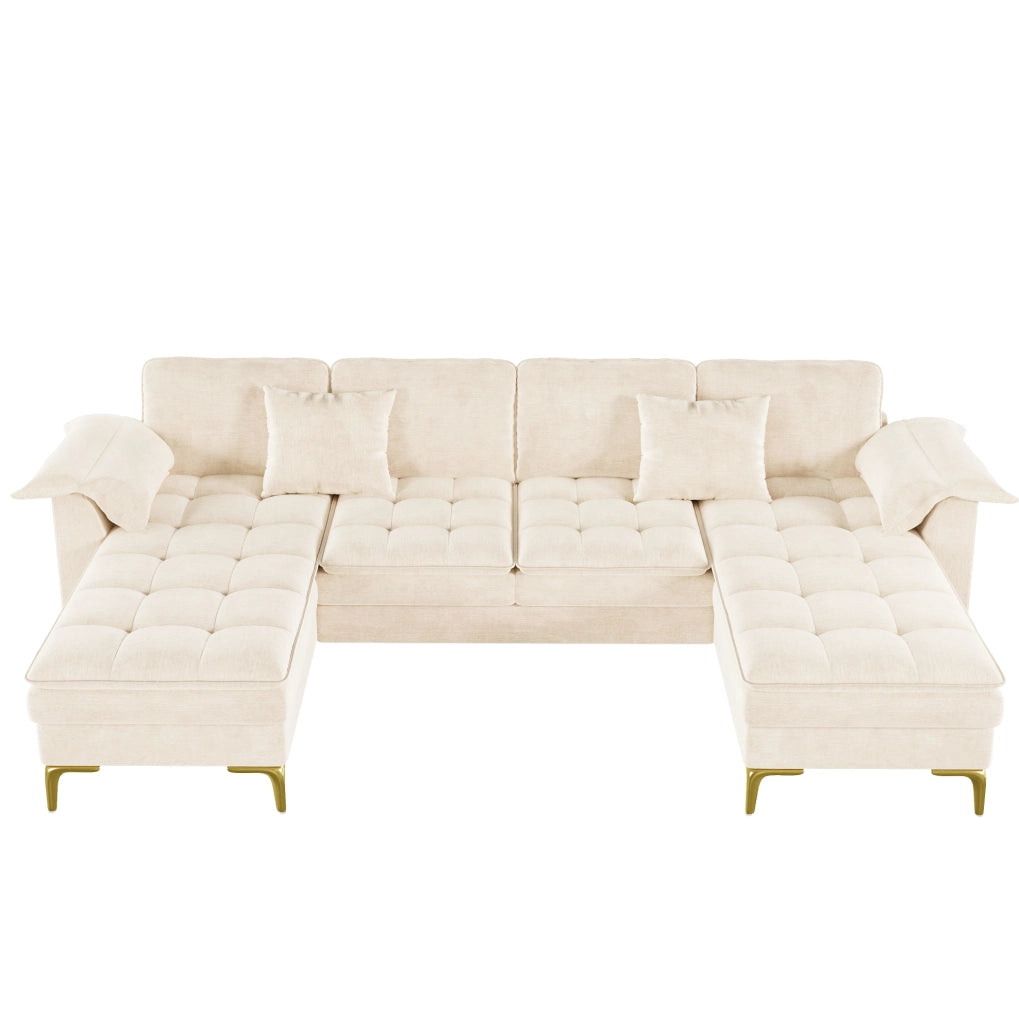 Divano angolare modulare a U per 4-5 persone in ciniglia beige con doppia imbottitura e penisole