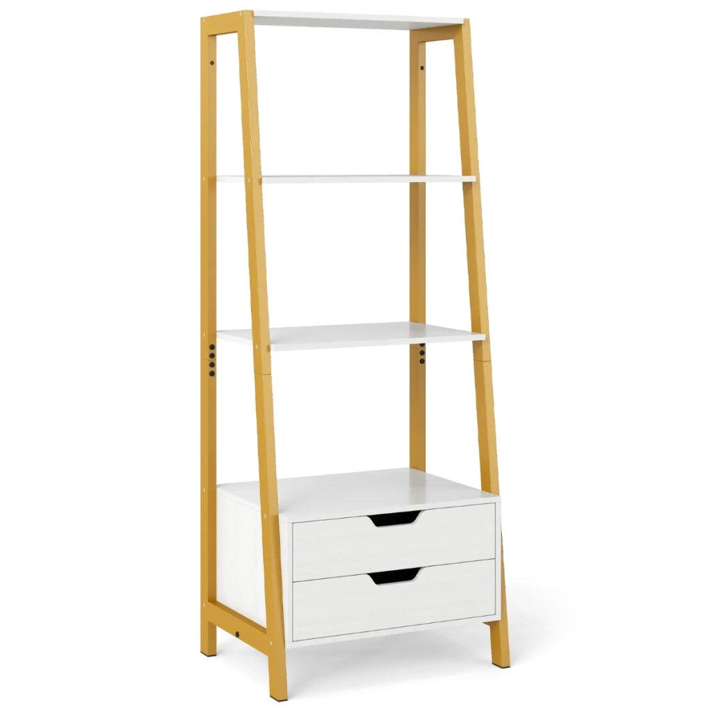 Libreria a scala 52 x 40 x 134 cm con 4 ripiani aperti e 2 cassetti design moderno in legno ingegnerizzato bianco 20_0010739
