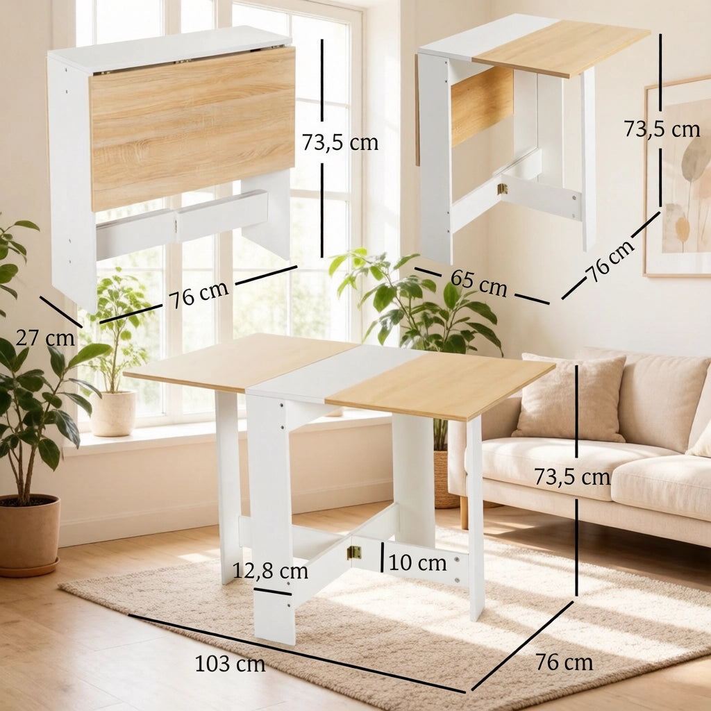 Tavolo allungabile con piano pieghevole, struttura in MDF, design bicolore rovere bianco, per cucina e soggiorno