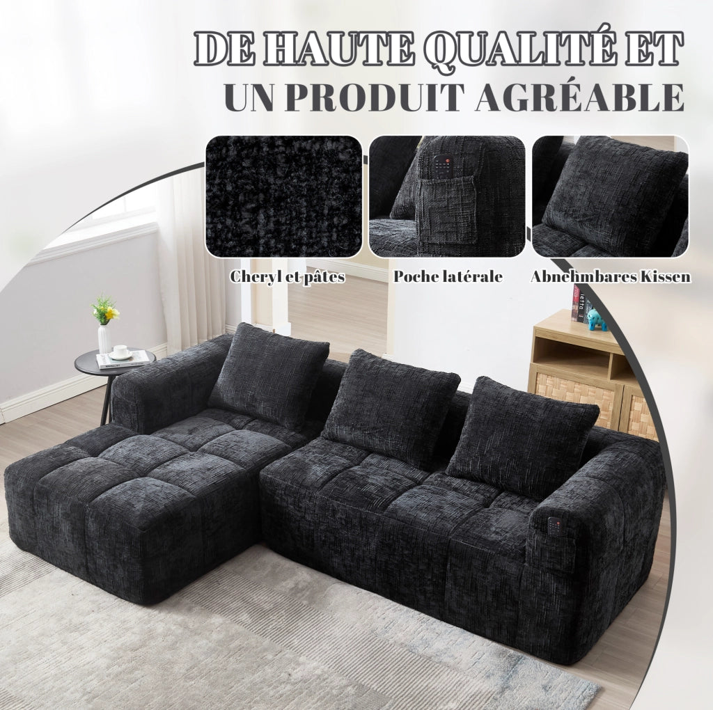 Divano modulare a L, 3 posti, tessuto chenille nero, con chaise longue e braccioli, 3 cuscini inclusi