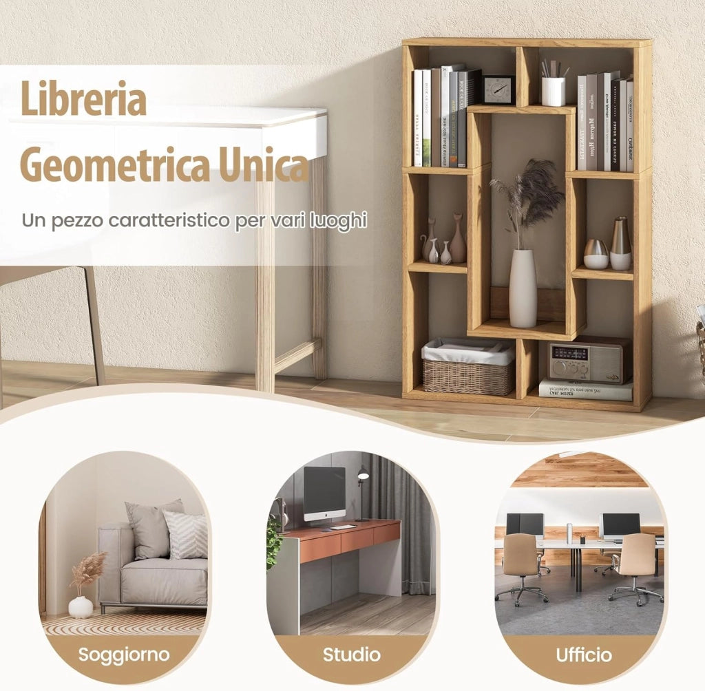 Libreria in Legno, Scaffale Aperto Geometrica a 7 Cubi, Scaffale da Esposizione con Dispositivo Anti-Ribaltamento, per Ufficio Soggiorno Camera da Letto, 60x20x90 cm (Naturale)