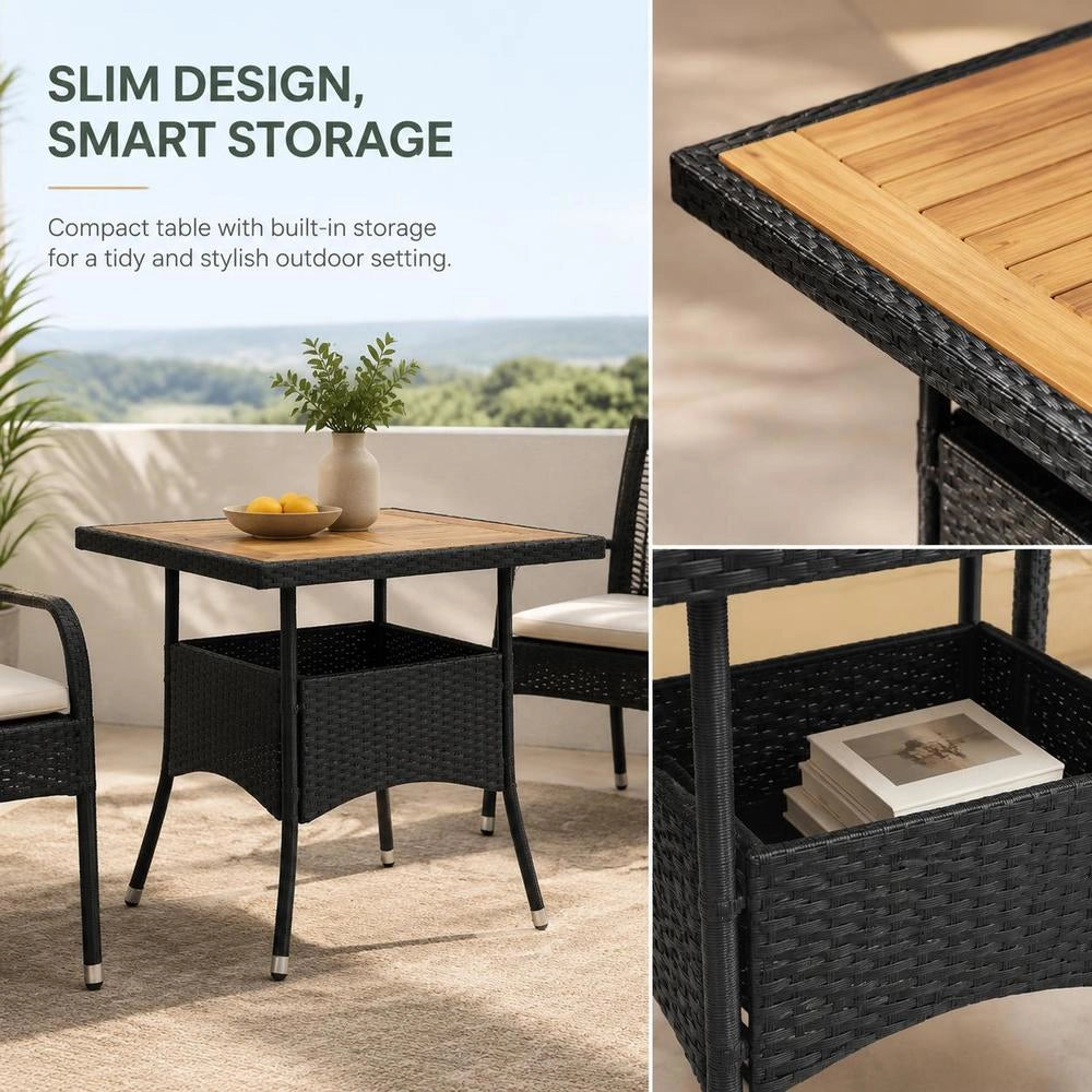 Garden Dining Table, Black Poly Rattan And Solid Acacia Wood