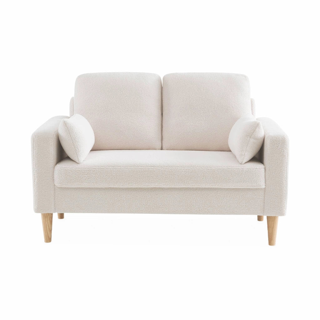 Divano scandinavo in tessuto bouclé e legno, 2 posti, crema