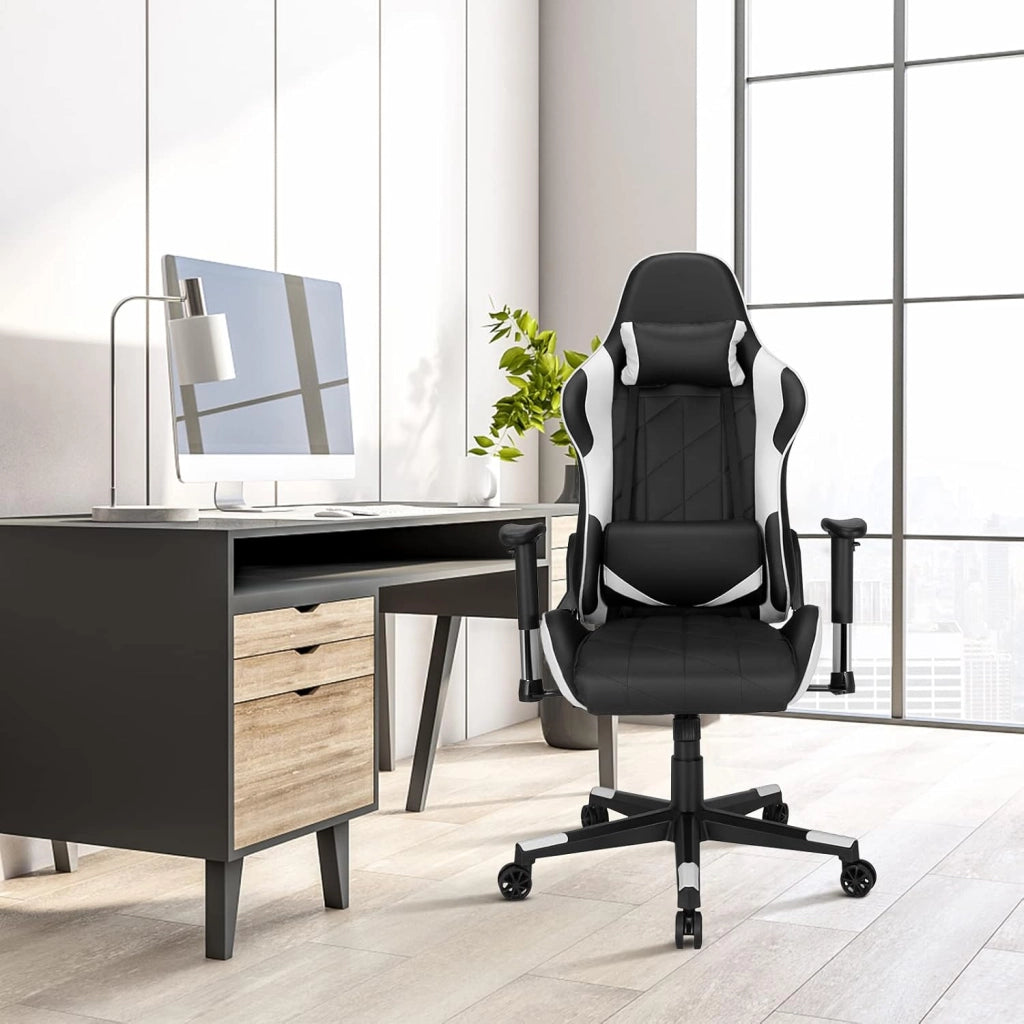 Sedia da Gaming Girevole a 360°, Sedia Ergonomica per Computer per Gaming con Poggiatesta e Cuscino Lombare, Angolo Reclinabile Regolabile (Bianco)