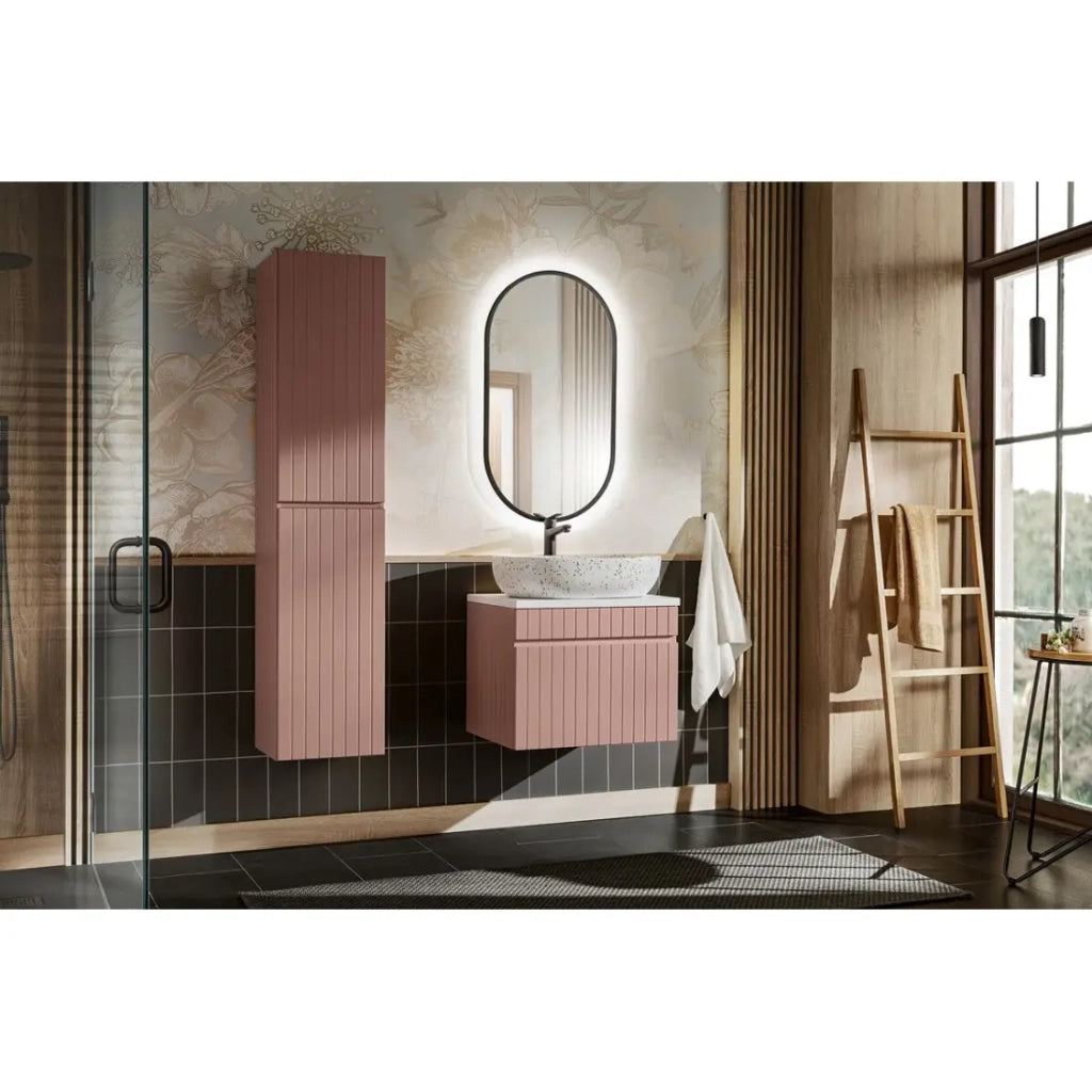 Set ICON: mobile sottolavabo 60cm + piano per lavabo + lavabo da appoggio + specchio ovale verticale LED + colonna