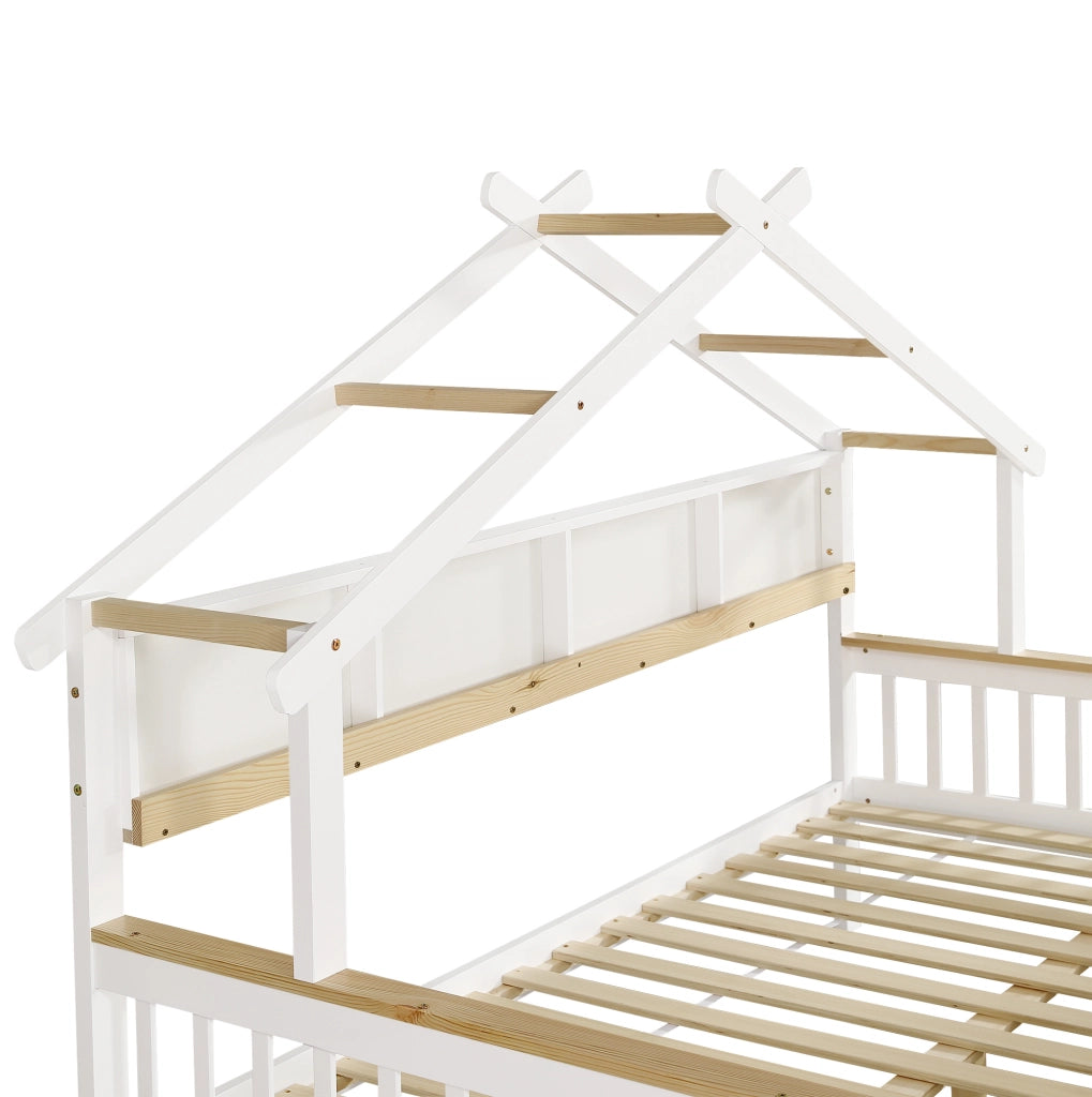 Letto per bambini 140x200 cm con sponde; cassetti e tetto in legno e MDF; bianco e naturale