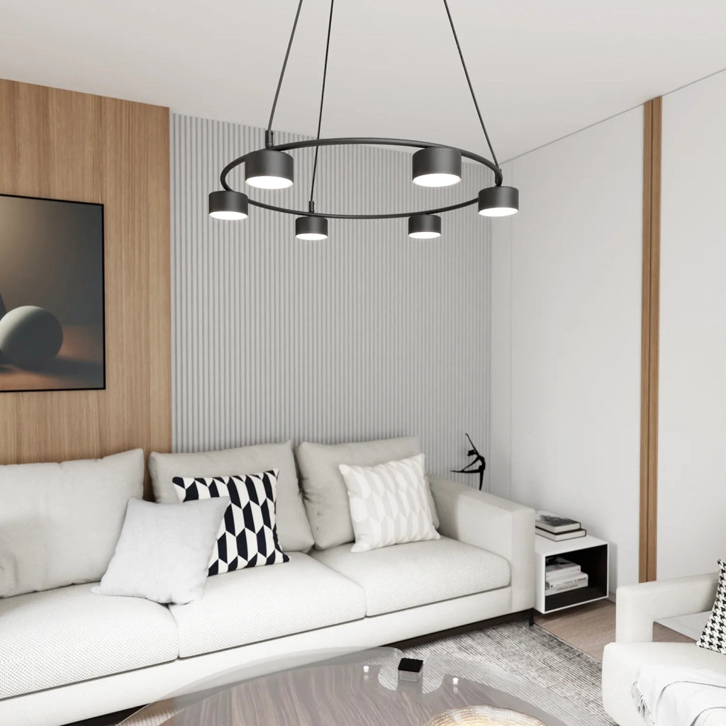 Lampadario Moderno 6 Luci Odin In Acciaio Nero Ad Anello E Cilindri