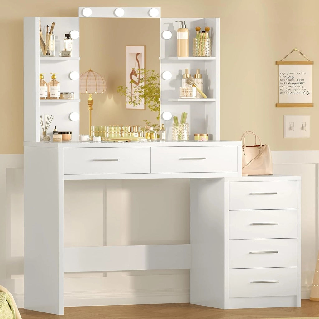 Toeletta da Trucco,Toeletta con Specchio Grande, Luci LED,3 Colori, Luminosità Regolabile,Postazione Trucco con 4 Ripiani Aperti, 5 Ganci per Gioielli,Armadietti,Moderno, Bianco
