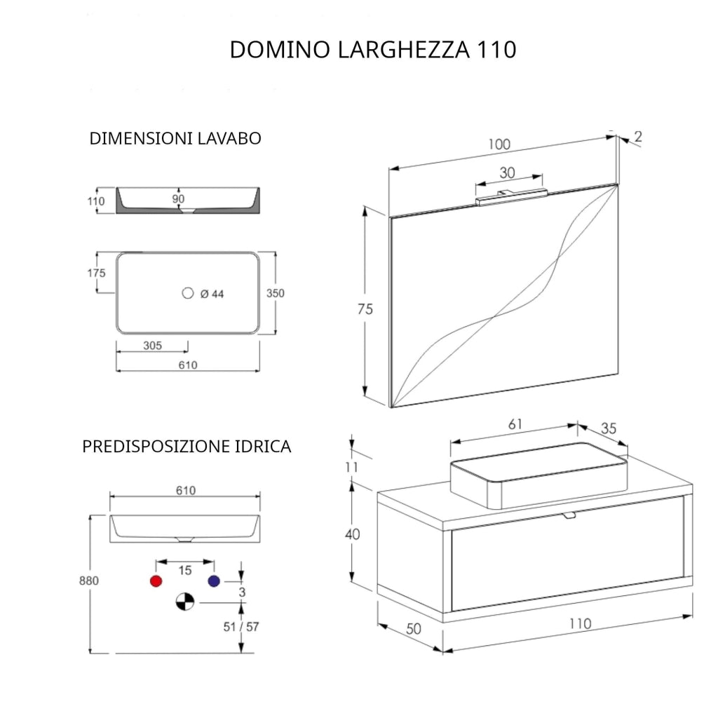 Mobile Bagno Sospeso 110 cm Lavabo e Specchio Bonussi Orione Grigio Effetto Cemento