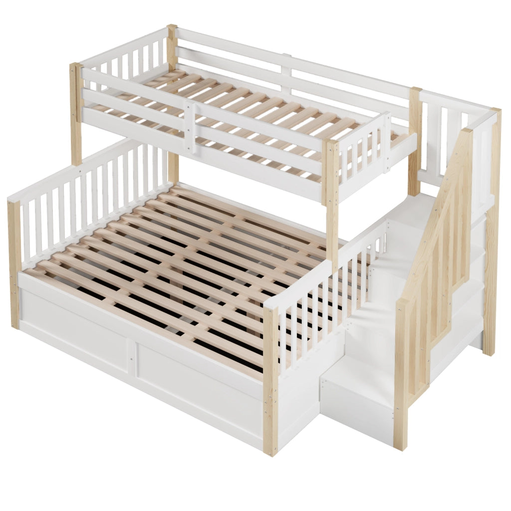 Letto a Castello 90 x 200 cm e 140 x 200 cm; 2 Posti; Contenitore; Scala; Bianco e Naturale