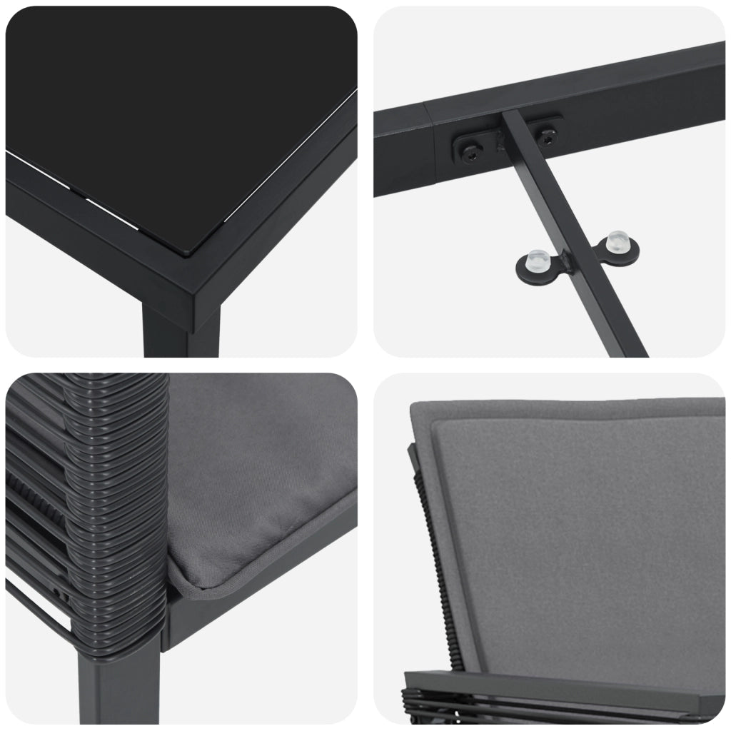Set da Pranzo da Giardino 9 Pezzi con Cuscini Nero Polyrattan