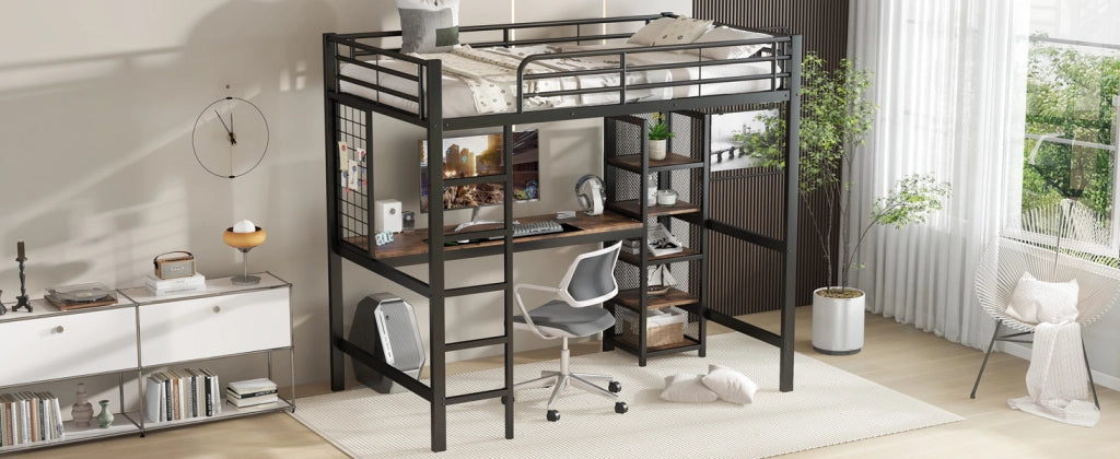 Letto a castello nero e noce scuro con scrivania e scaffali in metallo e MDF 90x200 cm