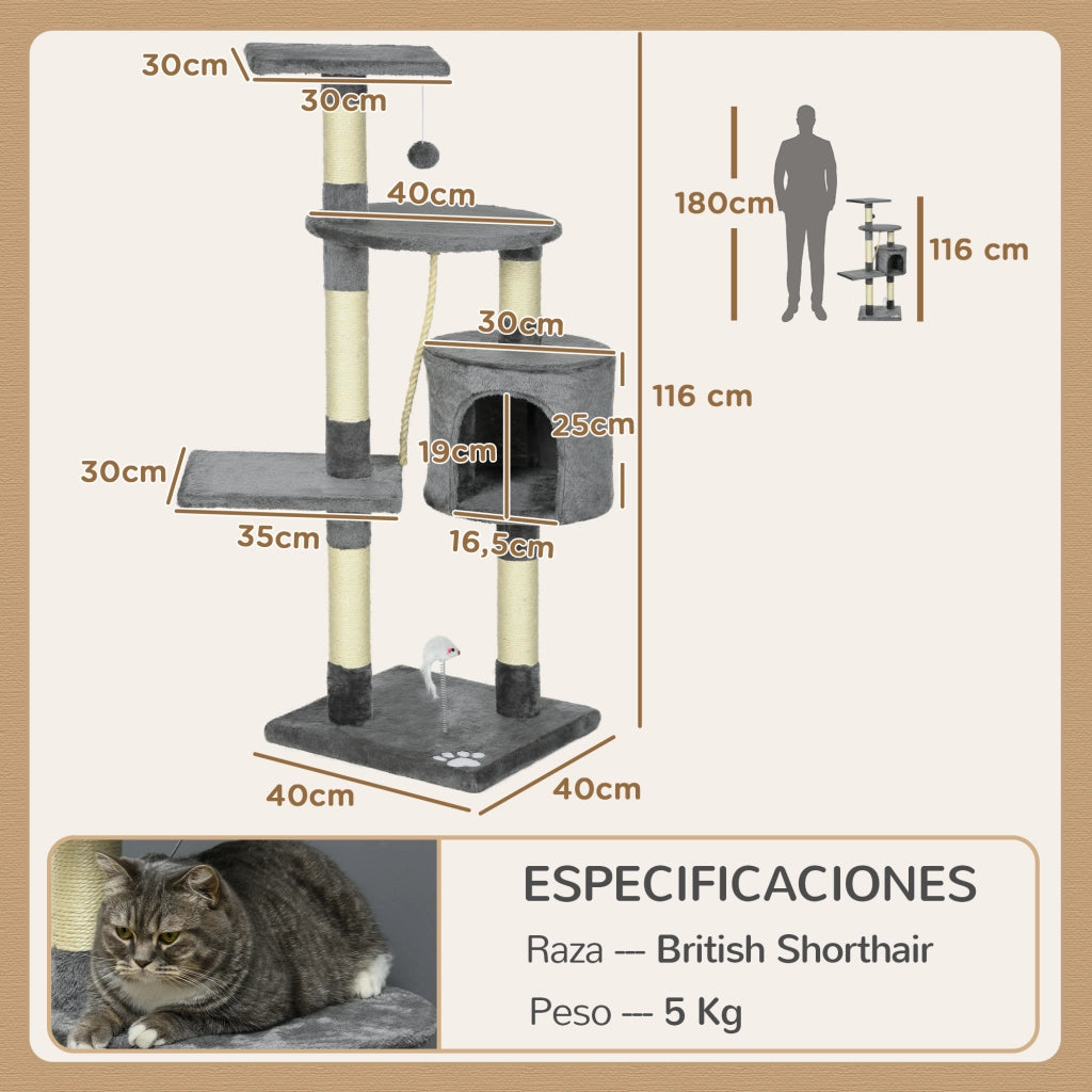 Albero tiragraffi per gatti con sisal piattaforme e giocattoli ¨C zephmum ¨C Grigio scuro 116 cm