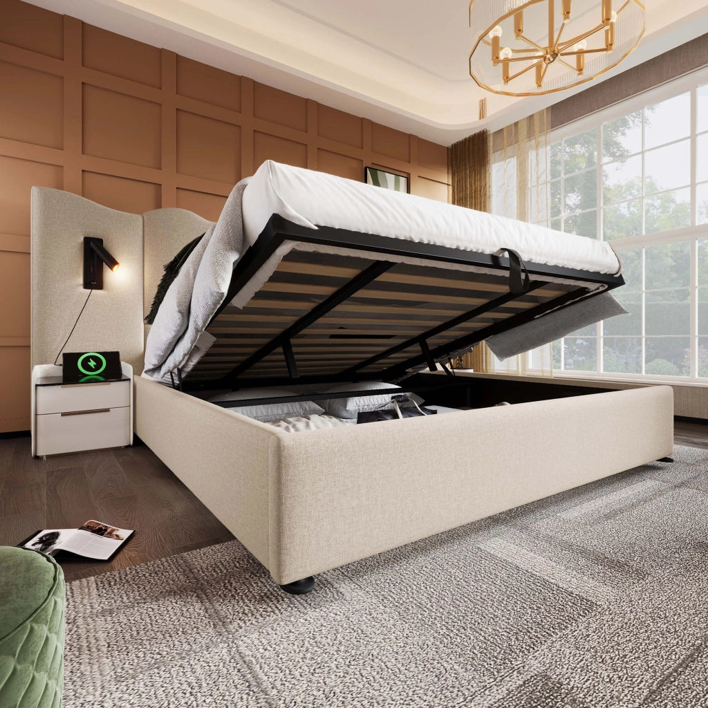 DESMIU Letto contenitore 180 × 200 cm 2 posti con lampada da lettura, USB e Type-C, senza materasso, beige