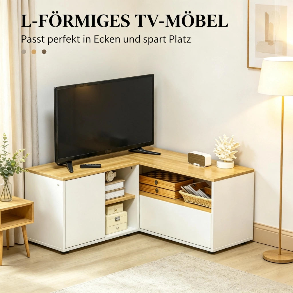 MOBILE TV Angolare 90x90x45 cm Bianco ed Effetto Legno in Pannello Truciolare