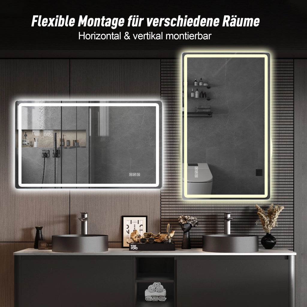 Specchio luminoso da bagno senza cornice con antiappannamento 3 luci dimmerabile memoria vetro temperato argento