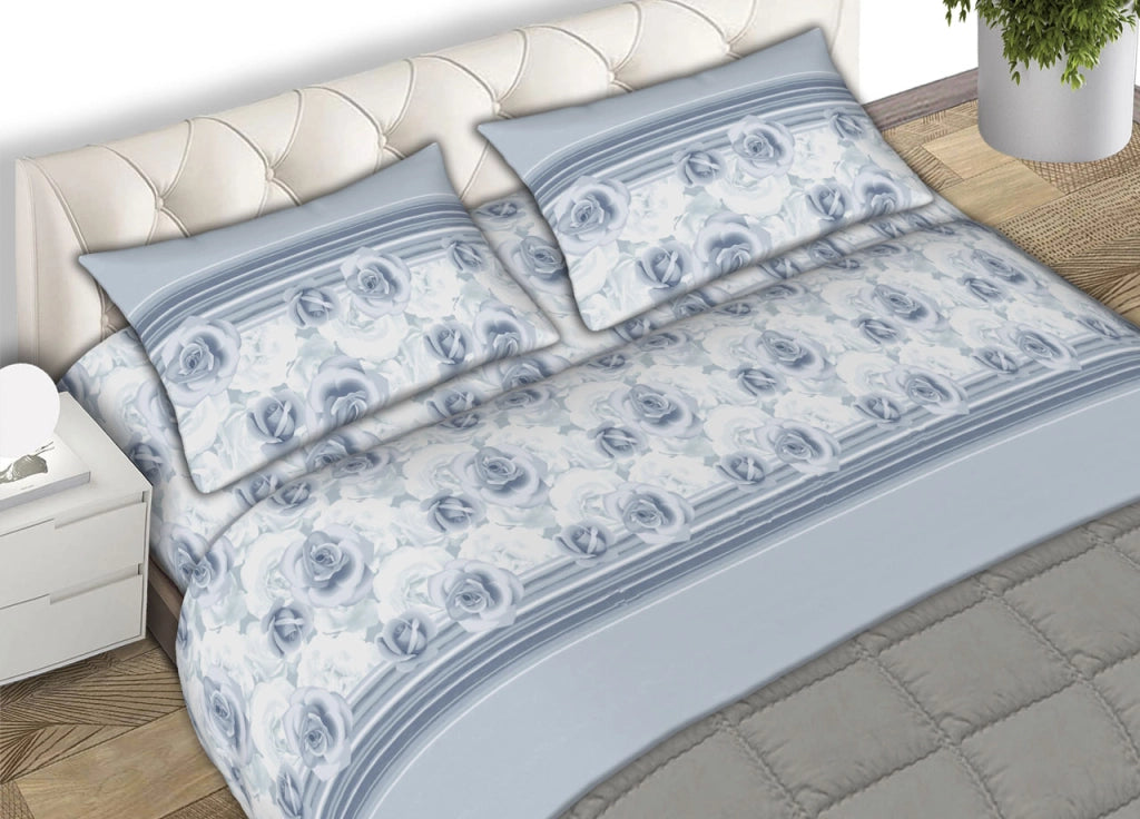 Completo Lenzuola In Morbida Flanella Made Italy Disegno Floreale Roseto C.N - 2 Piazze - Azzurro