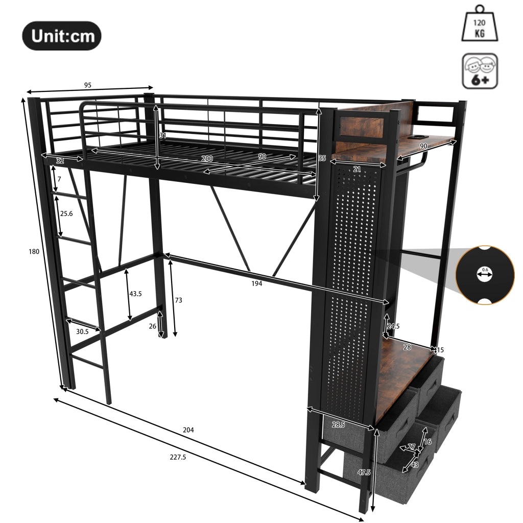 DESMIU Letto a soppalco Letto singolo con 4 cassetti, ripiani, USB, Type-C e LED 90 × 200 cm, senza materasso