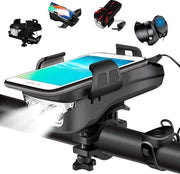 Lanterna da Bicicletta 4 in 1 con Porta Smartphone - Porta Smartphone da Bicicletta - Porta Telefono da Bicicletta - Caricabile via USB - 2400 mAh - Altoparlante a 130 DB - Chiamata - Lanterna da Testa - 6-12H di durata - Nero