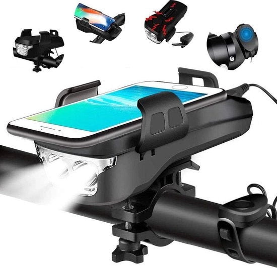 Lanterna da Bicicletta 4 in 1 con Porta Smartphone - Porta Smartphone da Bicicletta - Porta Telefono da Bicicletta - Caricabile via USB - 2400 mAh - Altoparlante a 130 DB - Chiamata - Lanterna da Testa - 6-12H di durata - Nero