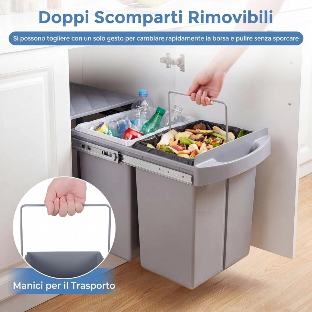 Pattumiera Estraibile Sottolavello, Pattumiera Differenziata con 2 Scomparti Rimovibili 20+20 L, Bidone della Spazzatura per Cucina, 51,5 x 34 x 41,5 cm