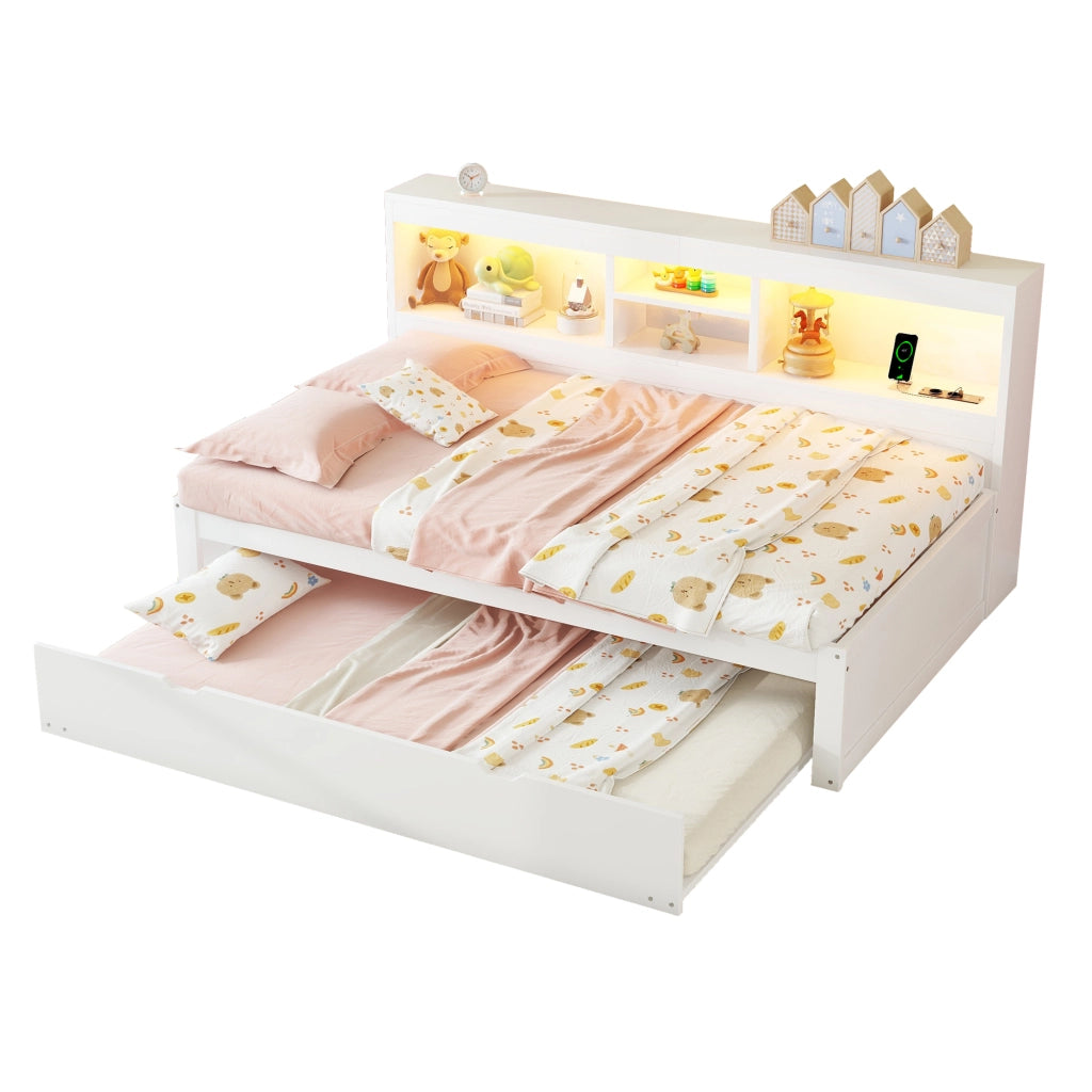 Divano letto daybed 90x200 cm con letto estraibile, LED, USB e presa, vano laterale, bianco