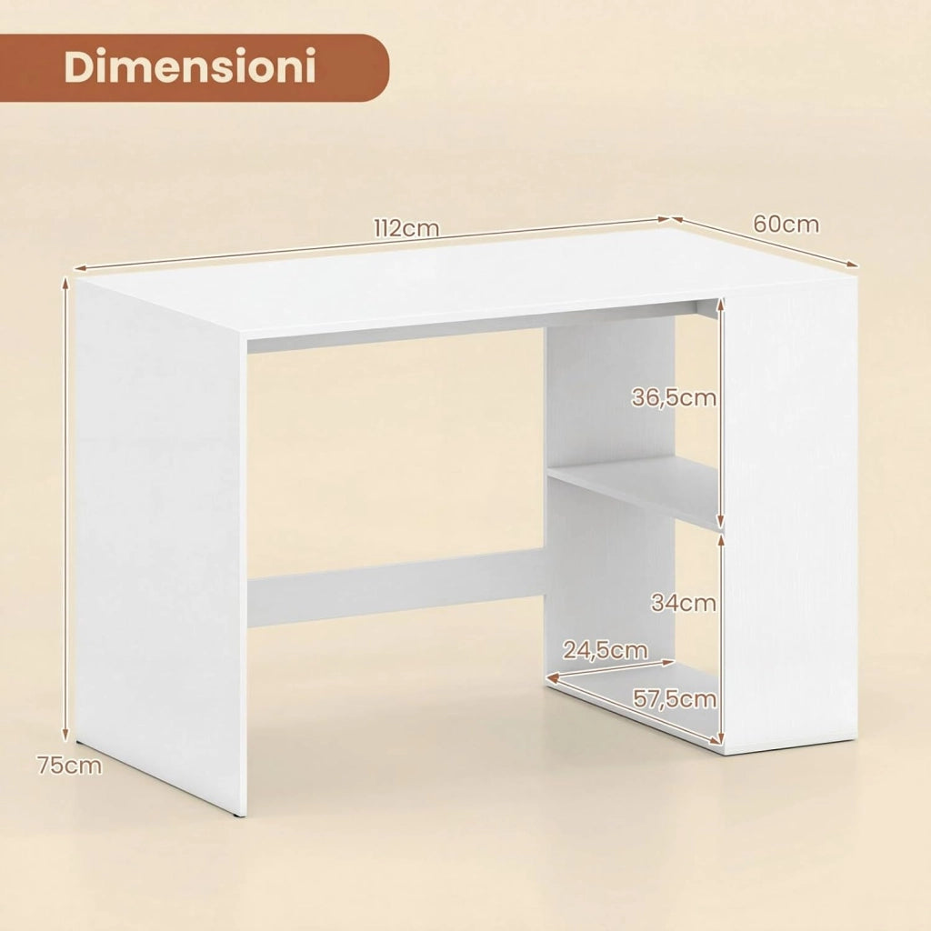 Scrivania Ufficio con Libreria Laterale a 2 Ripiani e Ampio Piano, 112 x 60 cm Scrivania Gaming in Legno, Scrittoio per Computer Salvaspazio per Studio, Soggiorno e Ufficio (Bianco)