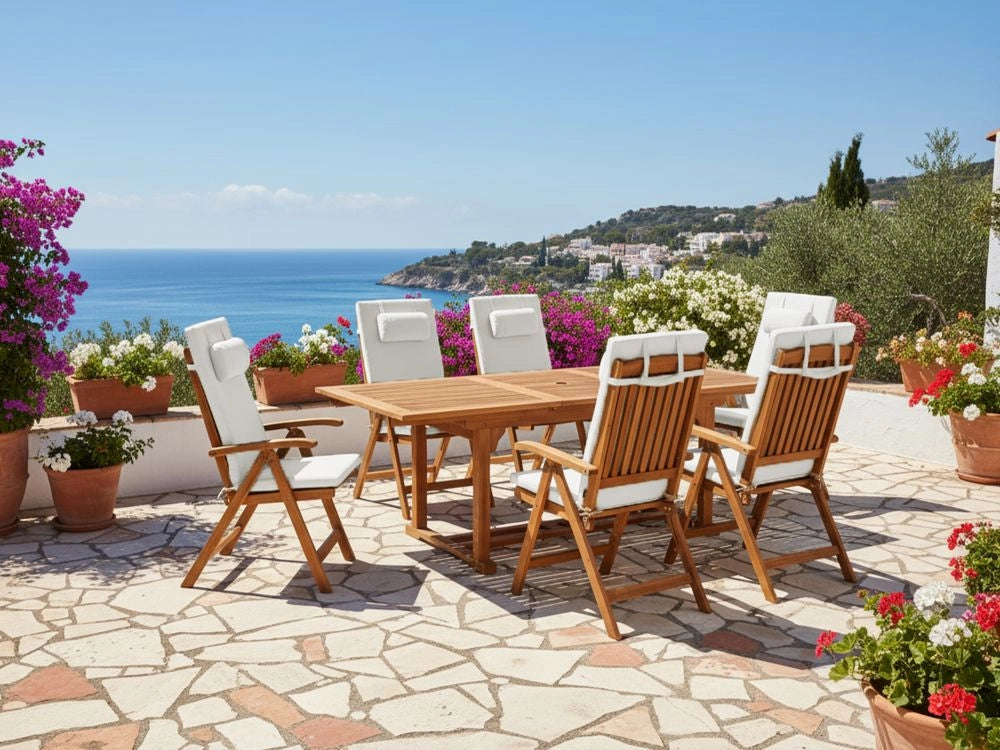 Set da pranzo da giardino in legno di acacia con cuscini bianco sporco 6 sedie pieghevoli regolabili stile country per esterni