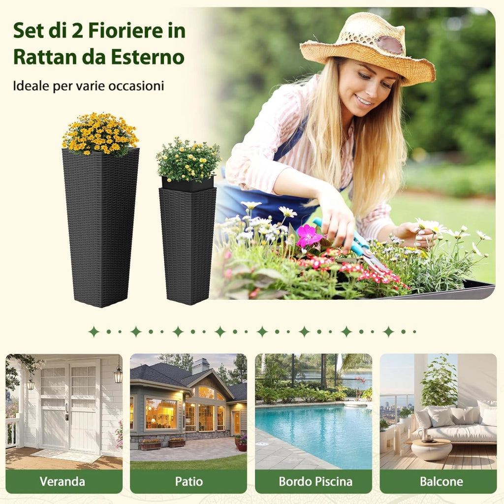 2 Vasi Alti per Piante da Interno ed Esterno, Grandi Fioriere in Rattan con Vassoi Interni Rimovibili, Fori di Drenaggio, Fioriere Decorative per Giardino, Cortile e Balcone (Nero)