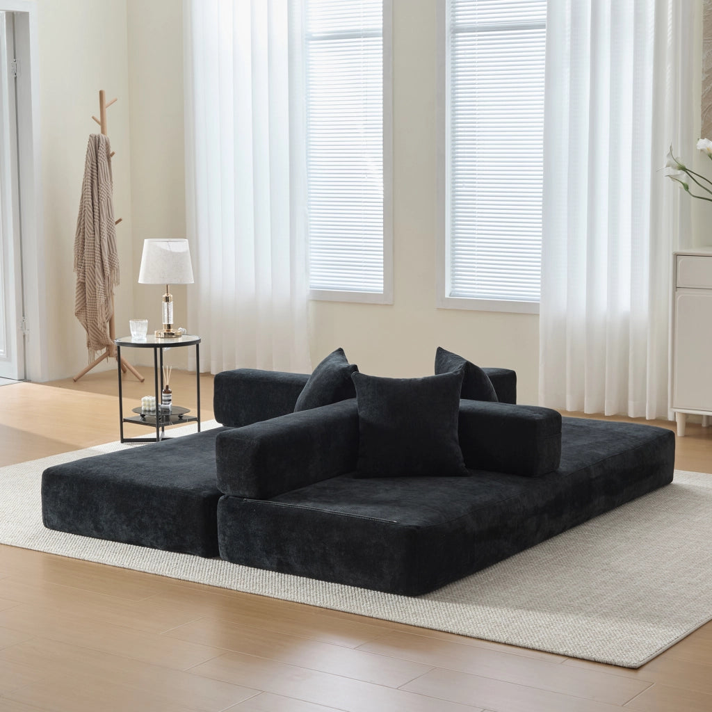 DIVANO modulare in chenille nero 198x79x60 cm