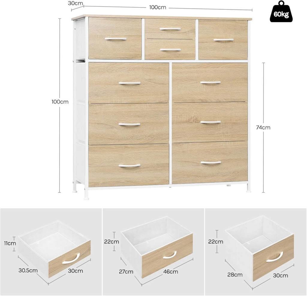 Cassettiera, 10 Cassetti di 3 Dimensioni per Camera da Letto/Corridoio/Soggiorno, Cassettiera in Tessuto, Rovere Chiaro+Bianco, Struttura in Metallo, Legno Lngegnerizzato E1