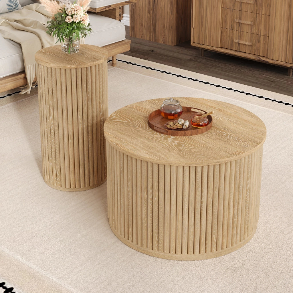 Tavolini da Caffè Rotondi Nidificabili con Motivo a Righe 3D; Stile Moderno; in MDF; Naturale; 60×60×38;5 cm