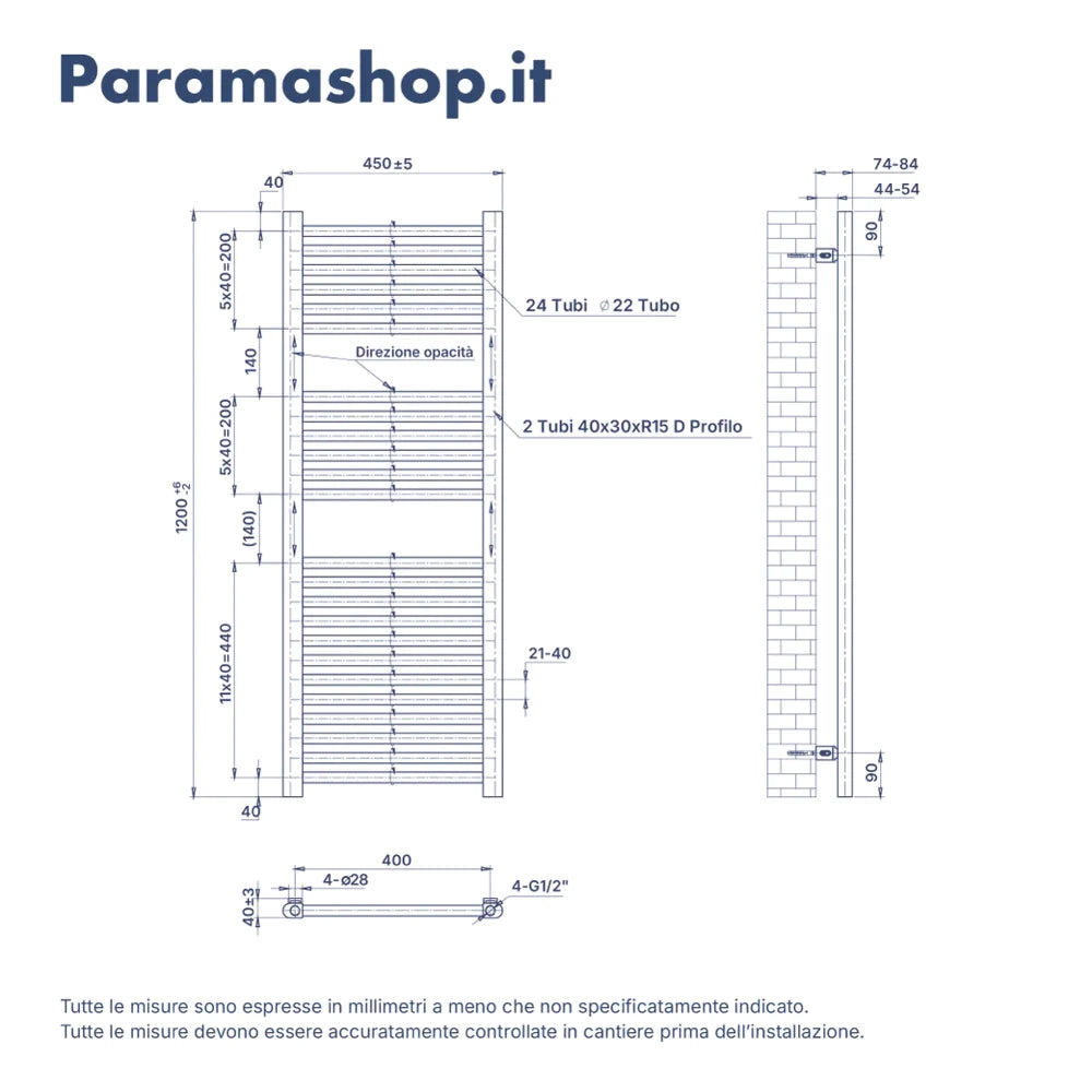 Termoarredo idraulico 1200x450 oro rosa interasse 400 | Polaris