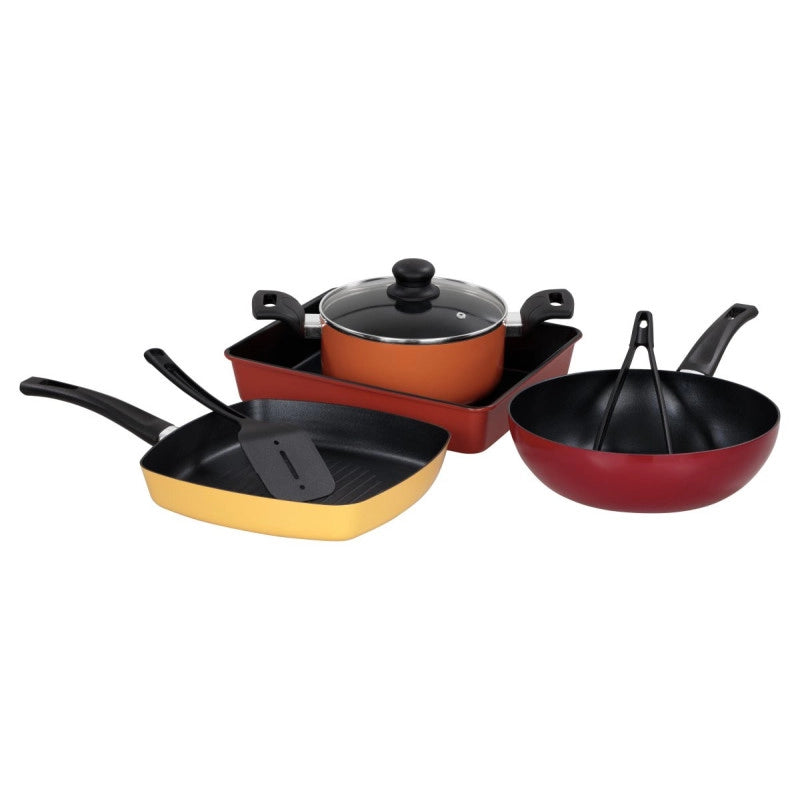 Set di 2 Batteria 7pz Medua Colors Alluminio Stampato Fondo Induzione Rostiera Carbon Steel