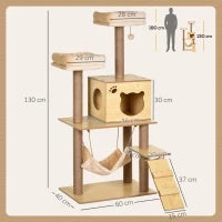Albero Tiragraffi per Gatti con Casetta, 2 Lettini, Amaca e Pallina, in Legno, Poliestere e Sisal, 60x40x130 cm