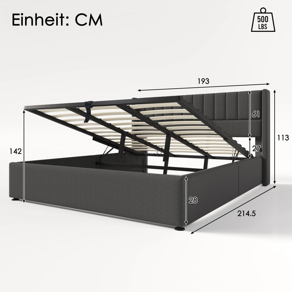 OKWISH Letto Contenitore 180×200 cm, Letto Matrimoniale con Contenitore, Testiera Imbottita e Doghe, senza Materasso, in Lino, Grigio