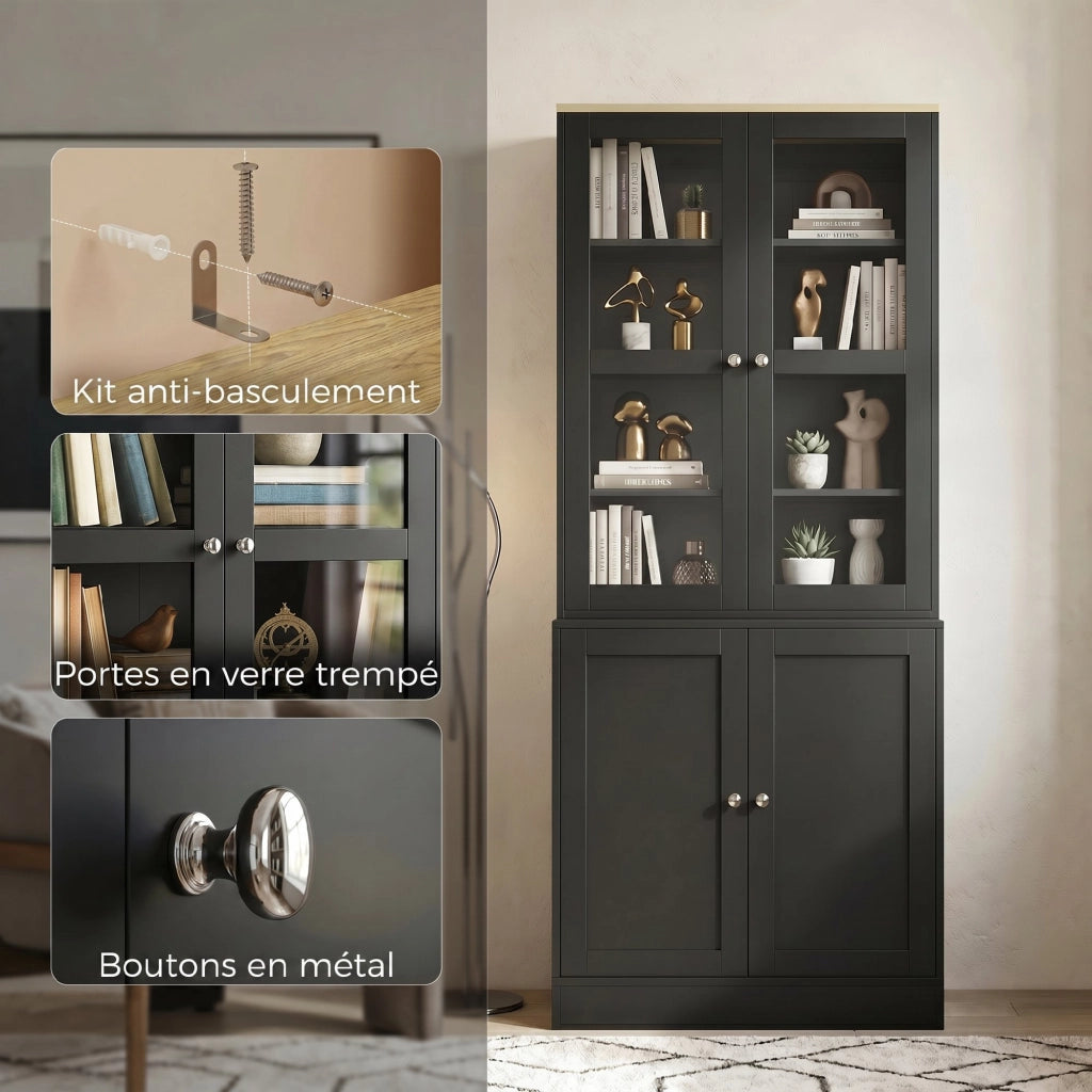 Libreria con ante in vetro ¨C Xylo ¨C 6 ripiani, 4 porte, nero