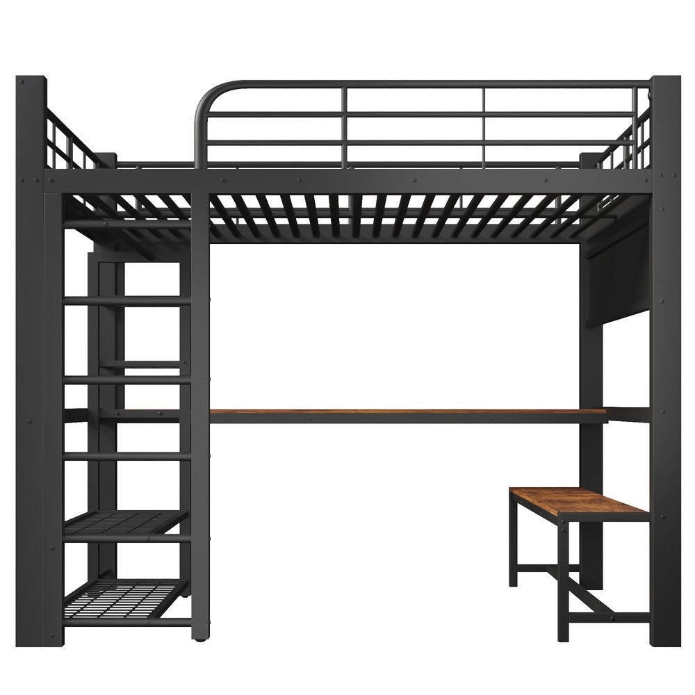Letto a soppalco con scrivania ¨C MINIMAL ¨C Metallo, Nero, 140x200, LED, senza materasso