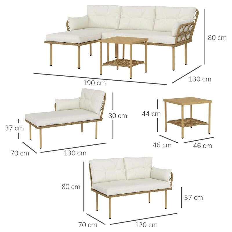 SET DA GIARDINO 3PZ CON CHAISE LONGUE, DIVANETTO, CUSCINI E TAVOLINO, IN RATTAN E ACCIAIO, BIANCO CREMA E LEGNO