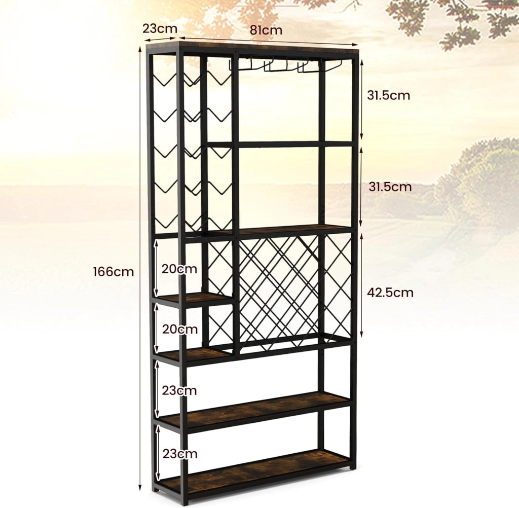 Portabottiglie Industriale da Pavimento, Scaffale per Vino Indipendente, Armadio in Metallo con Righe per Tazze e Bottiglie, Mobile Multistrato, 81 x 23 x 166 cm